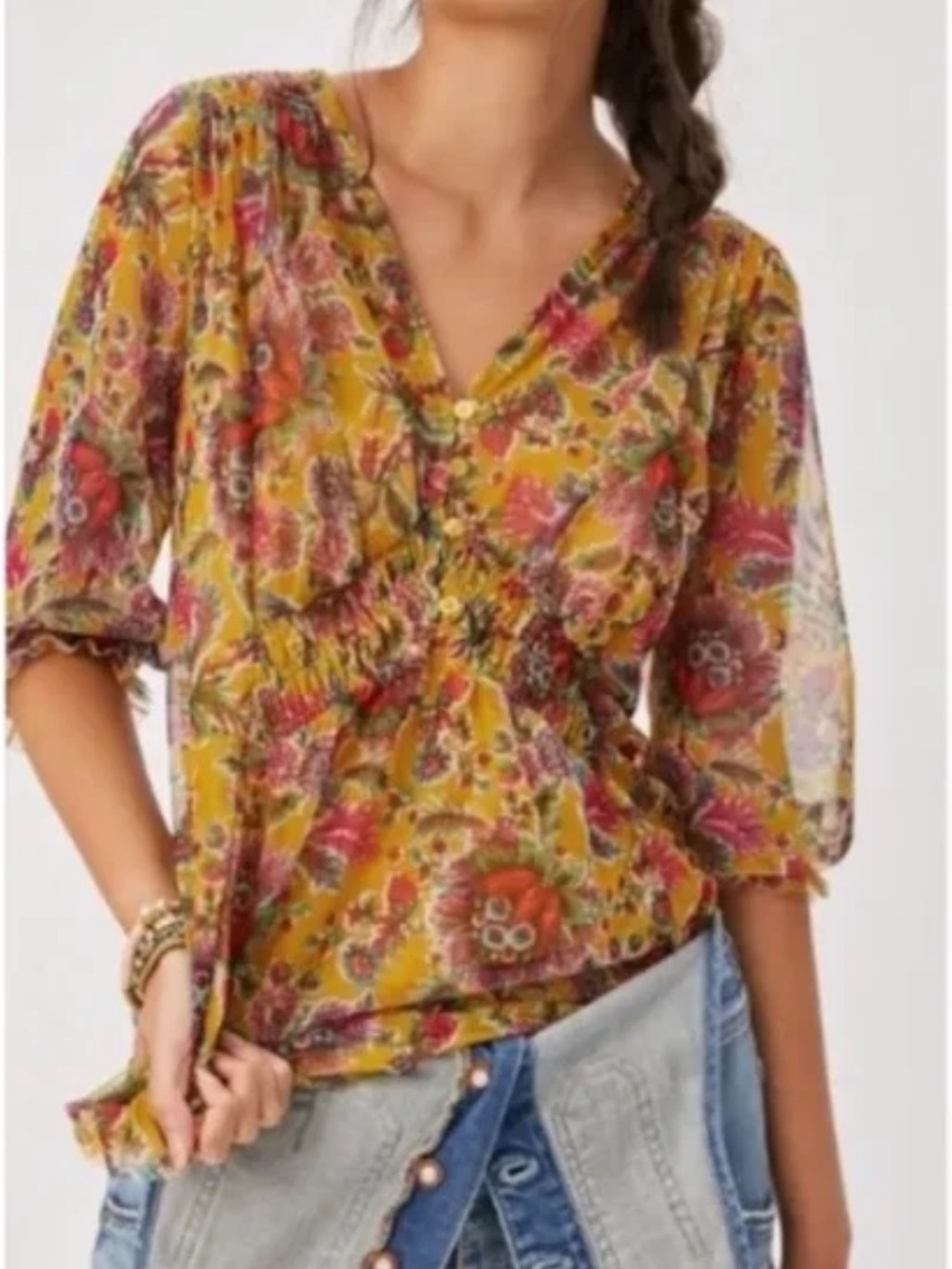 Anthropologie Mustard Floral V-Neck Peasant Blouse M
